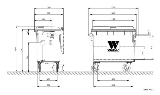 мусорные баки 770 л Чертеж с размерами