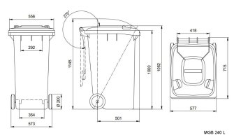 Изображения размеров и габаритов мусорных баков 240 л