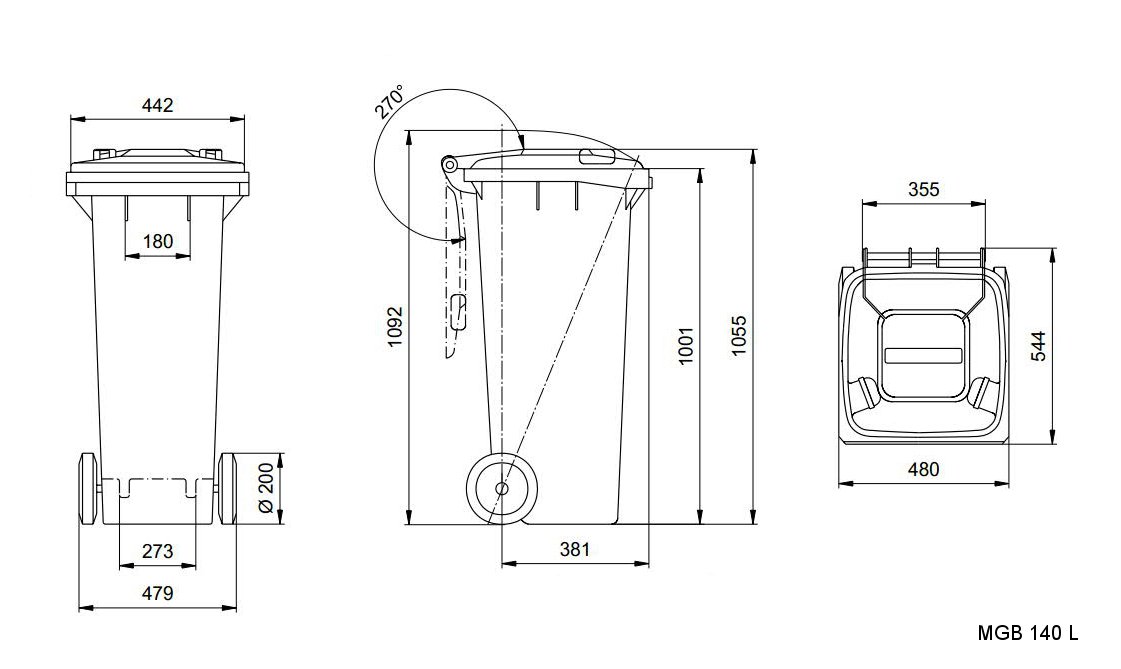 мусорные баки 140 л Чертеж с размерами