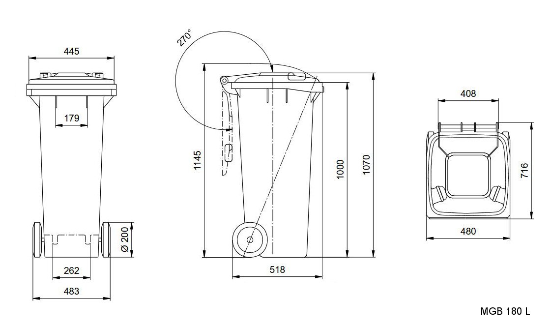 Чертеж с размерами мусорных баков 180 л